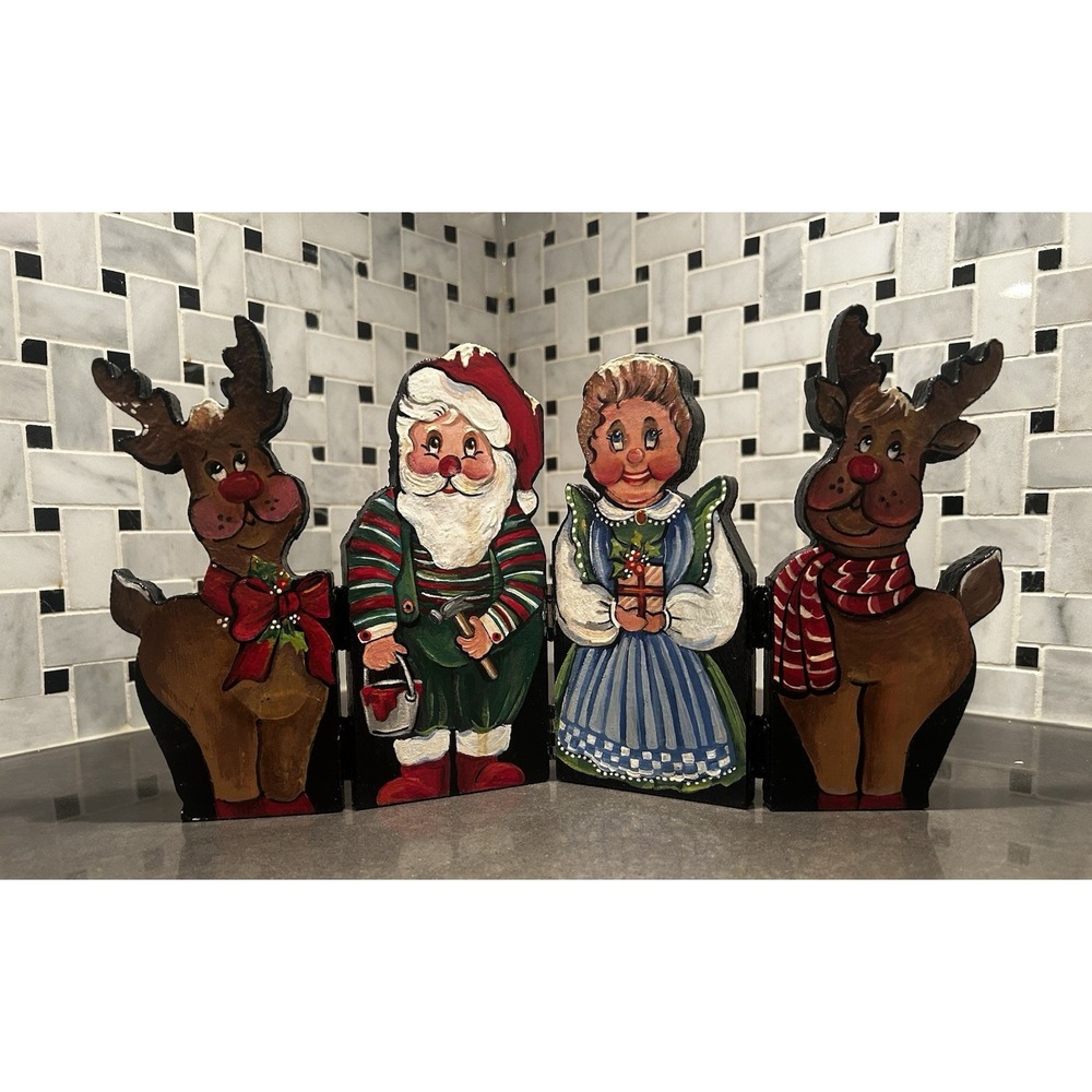 Hand Carved & Painted Accordion Hinged Wood Christmas‎ Characters Centerpiece